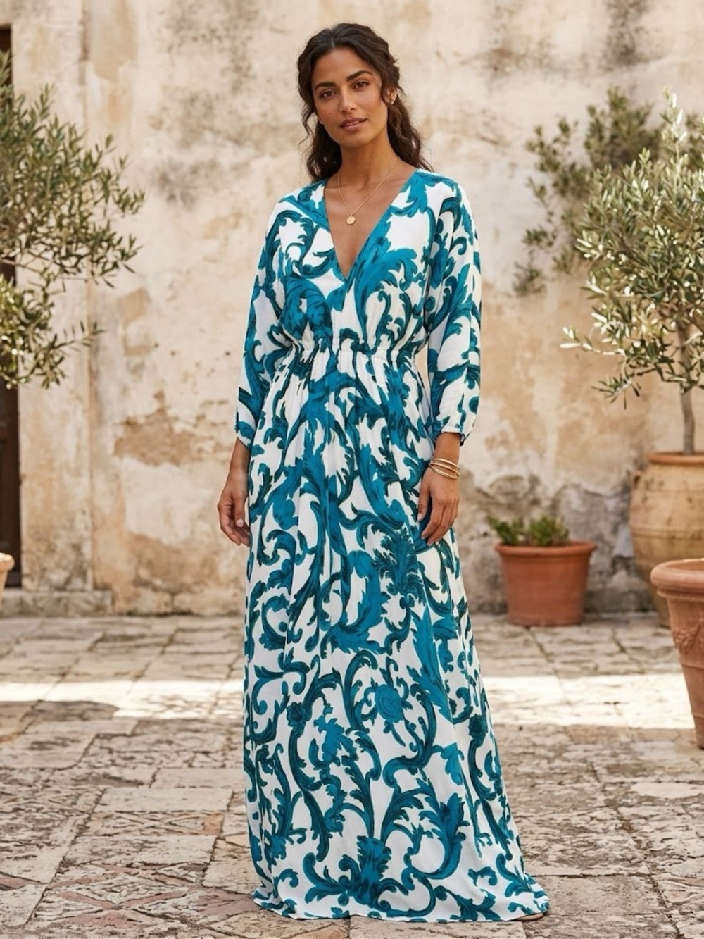 Issa Maxi V-Neck silk Caftan Dress in Teal Scroll Print size 2